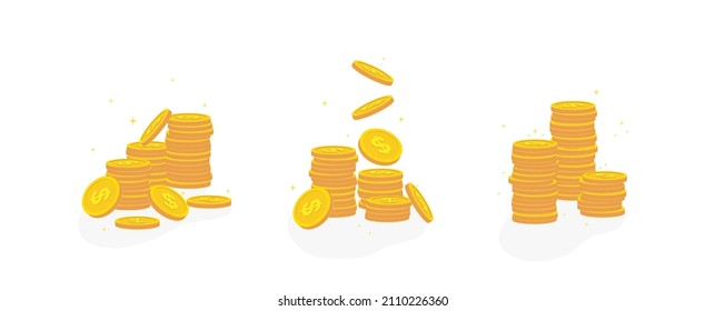 Coin stack set. Gold coins of one dollar. Golden money of dollars.Token, chip. Isolated vector stock illustration eps 10 on white background