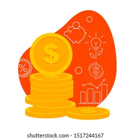 Coin stack with US dollar sign on it. Saving money and financial planning concept. Flat style. 