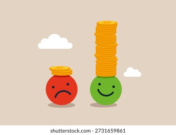 Coin stacking on happy face and less small income coin  on sad face. Pay gap. Economic inequality. Good financial planing can make happiness. Flat vector illustration