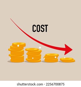 Coin stacks with descending curve or arrow. Costs reduction, costs cut, costs optimization business.  Modern vector illustration in flat style.