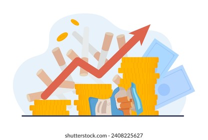 Coin stacks diagram with arrow up vector illustration with cigarettes on background. Increasing prices for cigarettes, fighting smoking concept