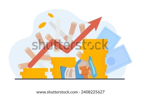 Coin stacks diagram with arrow up vector illustration with cigarettes on background. Increasing prices for cigarettes, fighting smoking concept
