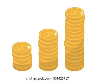 Coin stacks, flat design. Gold coin increase up, cent, isolated on white background. Evolution income. Vector illustration, clip art