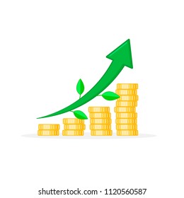 Coin stacks icon in shape of diagram arrow with leaves. Growing graph Income and profit business concept. Flat design Vector illustration.