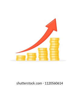 Coin stacks icon in shape of diagram with arrow. Growing graph Income and profit business concept. Flat design Vector color illustration.