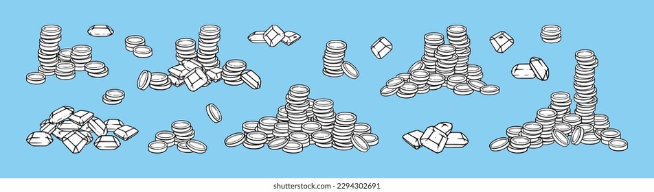 Coin stacks and piles with gem stones. Game currency with prescious stones and coins. Vector illustration isolated in blue background