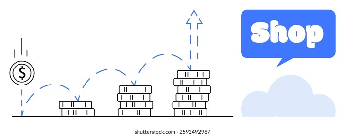 Coin stacks rise progressively with an upward arrow, indicating growing profits. A shop sign in a speech bubble suggests e-commerce. Ideal for finance, business growth, e-commerce, investment