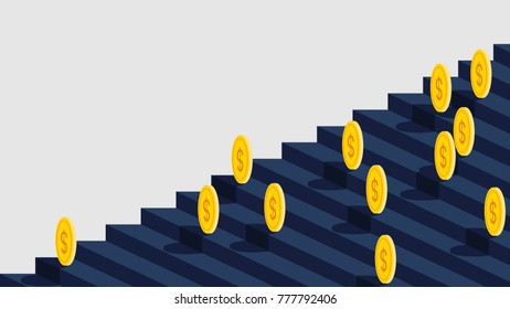 Coin staircase graph concept. Coin staircase. Business staircase infographics.Coin sign falling down the stairs. vector. illustration.