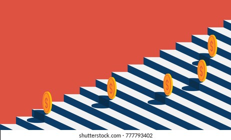 Coin staircase graph concept. Coin staircase. Business staircase infographics.Coin sign falling down the stairs. vector. illustration.