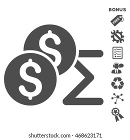Coin Summary icon with bonus pictograms. Vector illustration style is flat iconic symbols, gray color, white background, rounded angles.