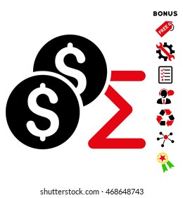 Coin Summary icon with bonus pictograms. Vector illustration style is flat iconic bicolor symbols, intensive red and black colors, white background, rounded angles.