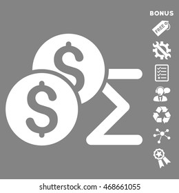 Coin Summary icon with bonus pictograms. Vector illustration style is flat iconic symbols, white color, gray background, rounded angles.
