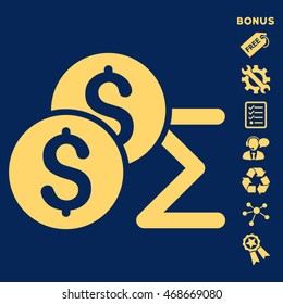 Coin Summary icon with bonus pictograms. Vector illustration style is flat iconic symbols, yellow color, blue background, rounded angles.