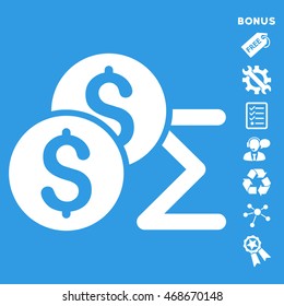 Coin Summary icon with bonus pictograms. Vector illustration style is flat iconic symbols, white color, blue background, rounded angles.