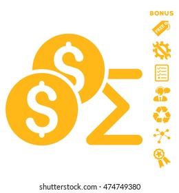 Coin Summary icon with bonus pictograms. Vector illustration style is flat iconic symbols, yellow color, white background, rounded angles.
