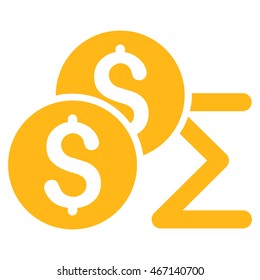 Coin Summary icon. Vector style is flat iconic symbol with rounded angles, yellow color, white background.