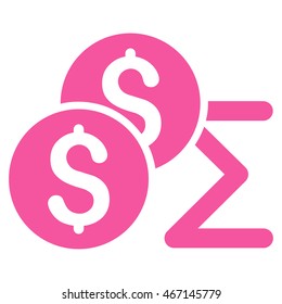 Coin Summary icon. Vector style is flat iconic symbol with rounded angles, pink color, white background.