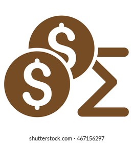 Coin Summary icon. Vector style is flat iconic symbol with rounded angles, brown color, white background.