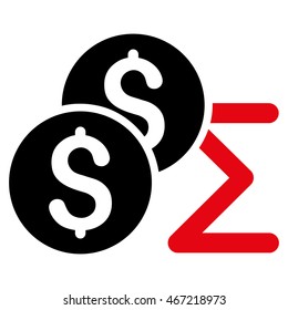 Coin Summary icon. Vector style is bicolor flat iconic symbol with rounded angles, intensive red and black colors, white background.