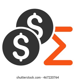 Coin Summary icon. Vector style is bicolor flat iconic symbol with rounded angles, orange and gray colors, white background.