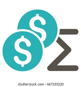 Coin Summary icon. Vector style is bicolor flat iconic symbol with rounded angles, grey and cyan colors, white background.