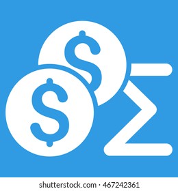 Coin Summary icon. Vector style is flat iconic symbol with rounded angles, white color, blue background.