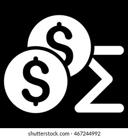 Coin Summary icon. Vector style is flat iconic symbol with rounded angles, white color, black background.