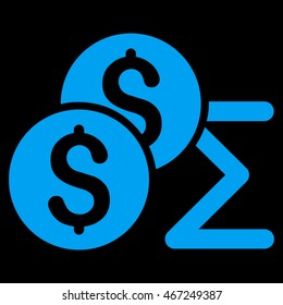 Coin Summary icon. Vector style is flat iconic symbol with rounded angles, blue color, black background.