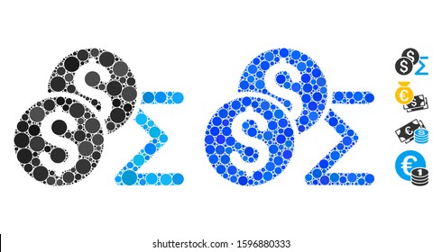 Coin summary mosaic of small circles in variable sizes and color tinges, based on coin summary icon. Vector small circles are organized into blue mosaic.