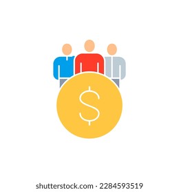 Coin with team, business team, user group white outline icon. Finance, payment, invest finance symbol design.