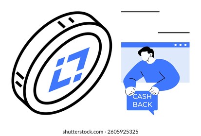 Coin with a tech symbol and a user holding a Cash Back sign on a web page. Ideal for digital finance, cash back rewards, ecommerce, online shopping, customer loyalty. Minimalist, line-art, flat
