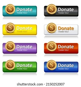 Moneda con banner de texto. - Donar. Conjunto de botones de color