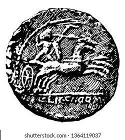 Coin that has the image of a charioteer and soldier racing horse is ready to throw javelin, vintage line drawing or engraving illustration.