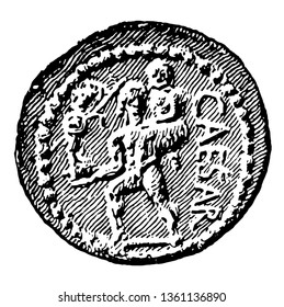 A coin that has the image of a man holding a woman in his arm, vintage line drawing or engraving illustration.