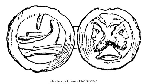 A coin that has an image of two heads together, vintage line drawing or engraving illustration.