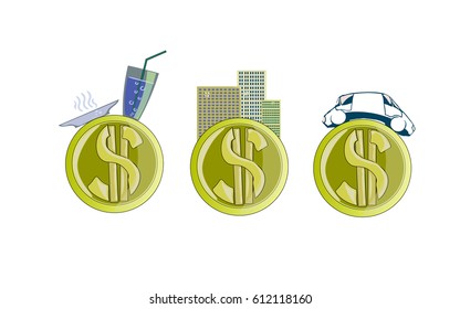 A coin that is a logo. Image of three variants of the logo: for the food industry, for real estate and for the automotive industry and for sale.