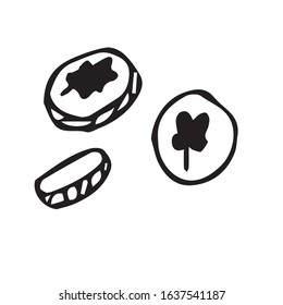 Coin in three angles for St. Patrick's Day. Vector drawing. Doodle style