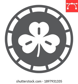 Coin with three leaf clover glyph icon, St. Patricks day and holiday, golden coin with clover vector icon, vector graphics, editable stroke solid sign, eps 10