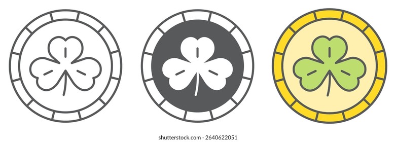 Coin with three leaf clover icon collection, St. Patricks day and holiday, golden coin with clover vector icon set, vector graphics, editable stroke outline sign, eps 10