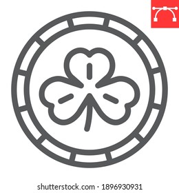 Coin with three leaf clover line icon, St. Patricks day and holiday, golden coin with clover vector icon, vector graphics, editable stroke outline sign, eps 10