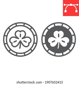 Coin with three leaf clover line and glyph icon, St. Patricks day and holiday, golden coin with clover vector icon, vector graphics, editable stroke outline sign, eps 10