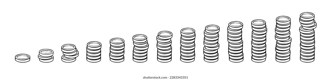 Coin tower graph for investmet charts and bank interest profit growth. Set with coin stacks and towers. Vector illustration isolated in white background