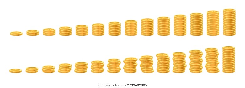 Coin tower graph, representing investment charts and bank interest profit growth. Vertical illustration. Gold coins lined up in rows in different columns. Vector illustration.