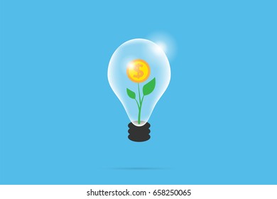 coin tree in lightbulb, idea and business concept