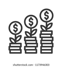 coin tree and stack of coins, investment and financial related icon, editable stroke outline