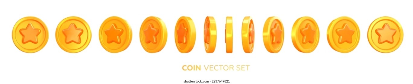 Coin turnaround, rotation at different angles for animation. Turnover of a coin with a star. Rotating in different positions. A set of 3d money in different directions. Vector illustration svg