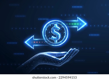 Coin and two right left arrows on hand. Financial service, Bank transfer, currency exchange, stock investment, cashback rewards, revenue generation, stock market, money transfer concept. svg