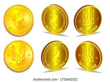 Coin of Ukraine in several 3D projections. Hryvnia 1 oz. of fine gold EPS10