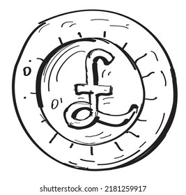 Coin of the United Kingdom, which is metal round disk. Sketch or hand drawn, doodle style vector drawing.