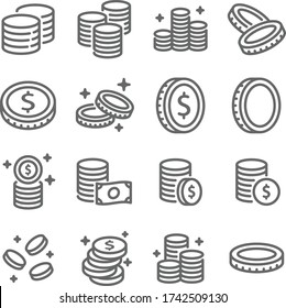 Coin vector icon illustration set. Contains such icon as Money, Currency, Benefit, Finance, Investment, Stack of coins, Payment and more. Expanded Stroke